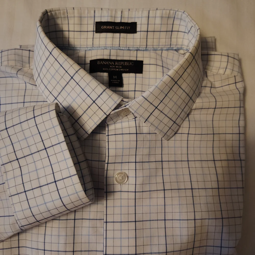 Banana Republic Men's White and Blue Professional Business Preppy Grid Shirt